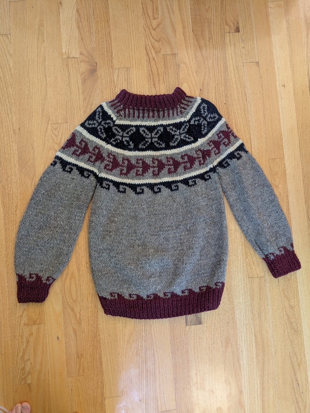 Hand-Knit Fair Isle Yoke Sweater in Gray, Burgundy & Black